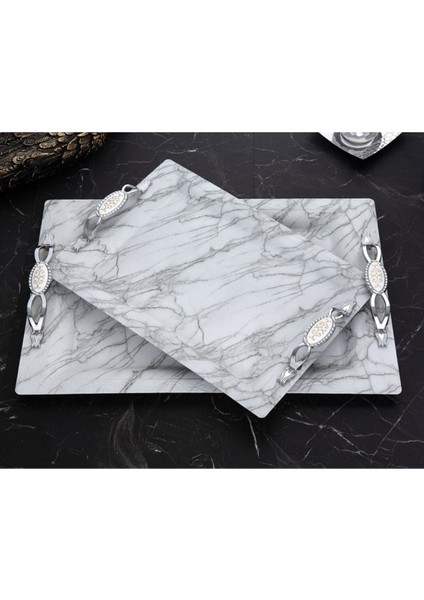 Beyaz Mermer Desen Lüx 2'li Ikramlık Sunumluk Çay Servis ve Sunum Tepsisi