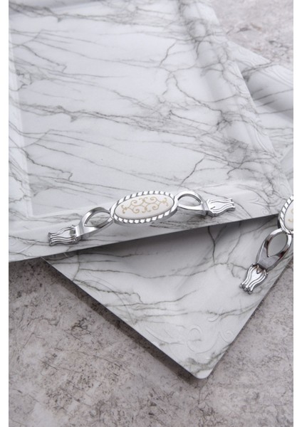 Beyaz Mermer Desen Lüx 2'li Ikramlık Sunumluk Çay Servis ve Sunum Tepsisi fiyatları