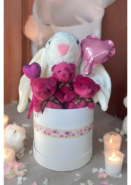 Premium Peluş Ayıcık ve 45CM Tavşan Buketi – Kalpli Sürpriz Kutusu Sevgiliye Özel