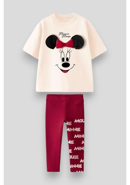 Kız Çocuk Pamuklu Krem Bordo Minnie Temalı Takım - Fiyonklu Tasarım