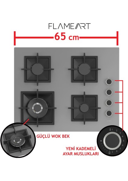 Flameart Sc Serisi Gri Set (SC408-WFA + XE63CPR +D082 ) - 65 Cm'lik Kare Döküm Izgara-Wok
