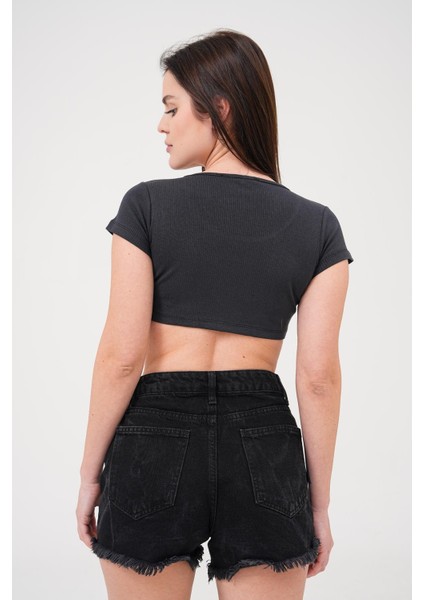 Erva Fitilli Kısa Kollu Crop Bluz Siyah