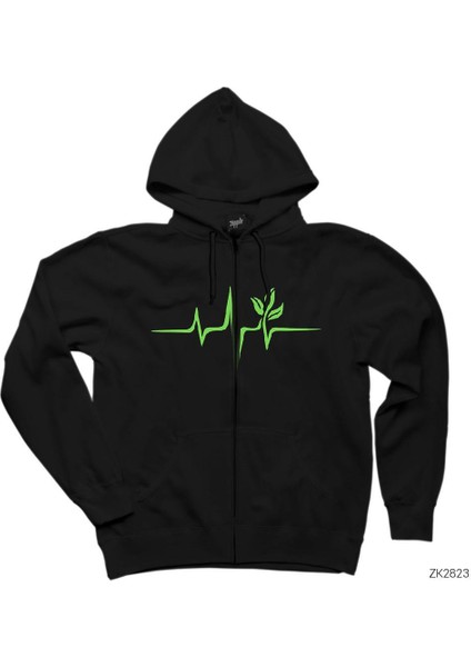 Doğa Sever Siyah Fermuarlı Kapşonlu Sweatshirt