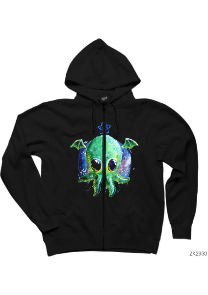 Ahtapot Sevimli Siyah Fermuarlı Kapşonlu Sweatshirt