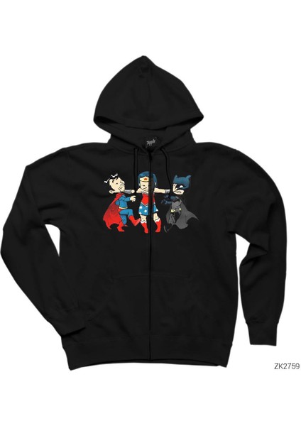 Superman And Batman Cartoon Siyah Fermuarlı Kapşonlu Sweatshirt