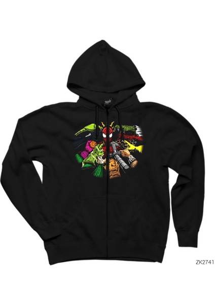 Spiderman And Enemies Siyah Fermuarlı Kapşonlu Sweatshirt