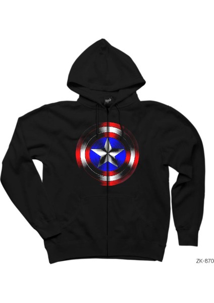 Captain America Shield 2 Siyah Fermuarlı Kapşonlu Sweatshirt