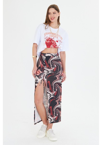 Strawberry Fields Forever Baskılı %100 Pamuk Kadın Oversize Siyah Tişört modelleri