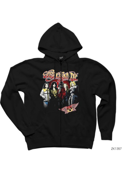 Aerosmith Grup Siyah Fermuarlı Kapşonlu Sweatshirt