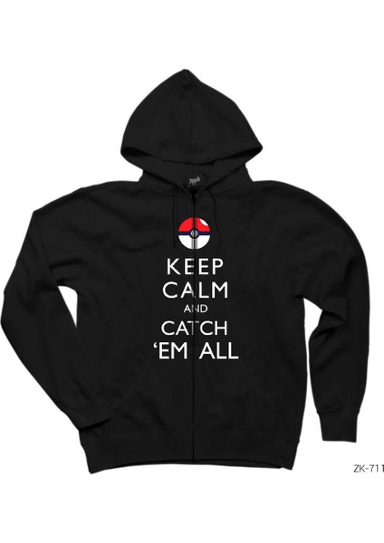 Pokemon Keep Calm Siyah Fermuarlı Kapşonlu Sweatshirt