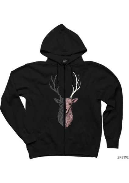 Geyik Çizim Siyah Fermuarlı Kapşonlu Sweatshirt