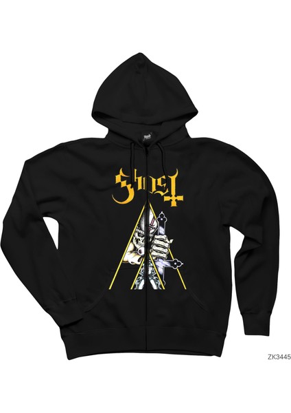 Ghost Cross Siyah Fermuarlı Kapşonlu Sweatshirt