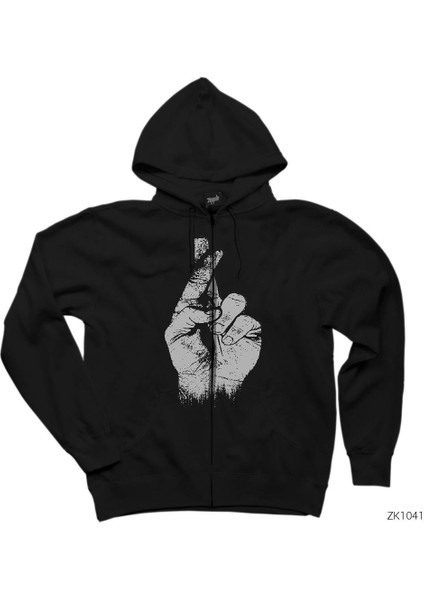 Cross Finger Çapraz Parmak Siyah Fermuarlı Kapşonlu Sweatshirt