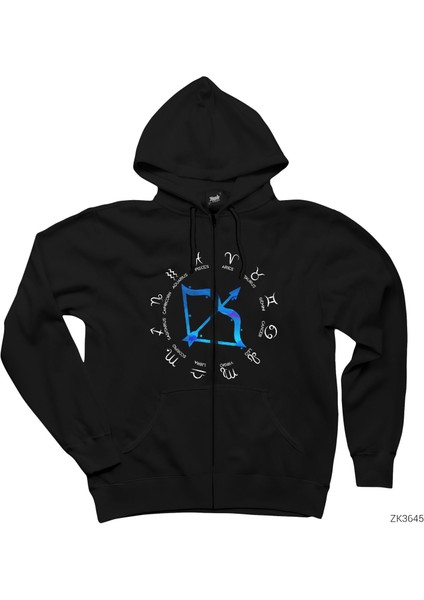 Yay Burcu Modern Siyah Fermuarlı Kapşonlu Sweatshirt
