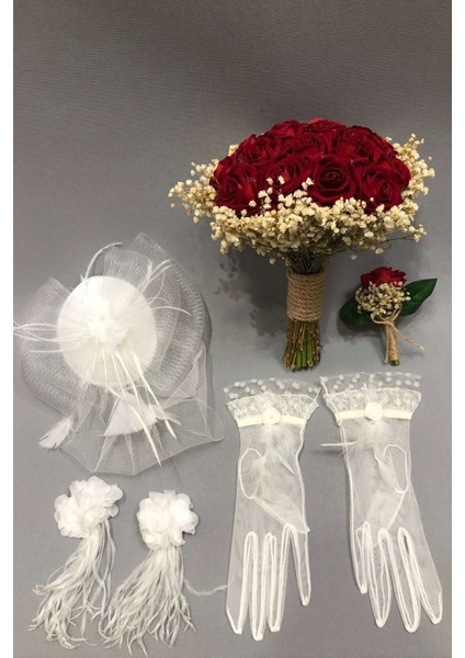 Kırmızı Kadife Güllü Krem Cipsolu Yuvarlak Gelin Buketi Takım