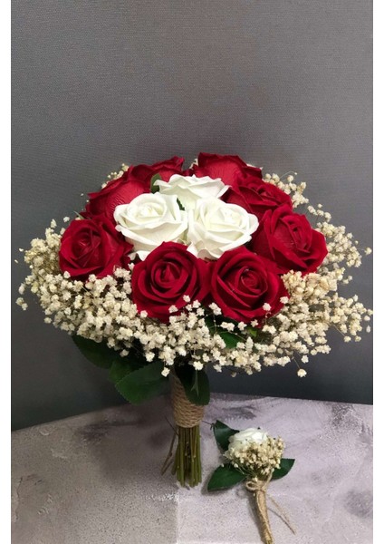 Beyaz ve Kırmızı Kadife Güllü Yapay ve Kurutulmuş Gelin Buketi fiyatları