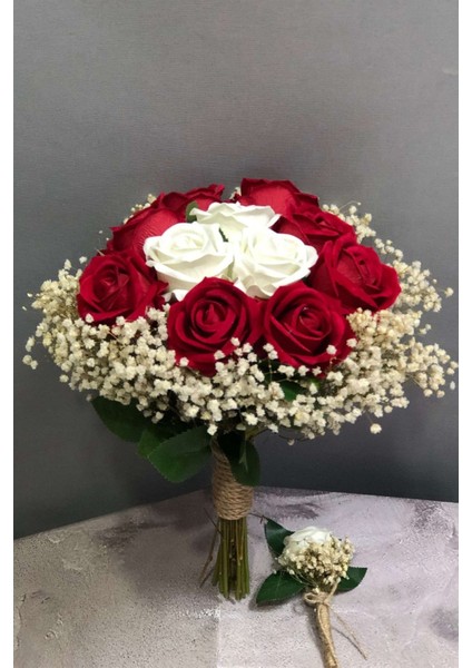 Beyaz ve Kırmızı Kadife Güllü Yapay ve Kurutulmuş Gelin Buketi