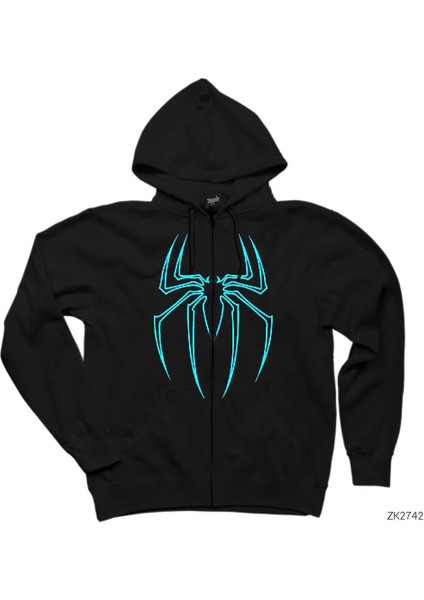 Spiderman Blue Logo Siyah Fermuarlı Kapşonlu Sweatshirt