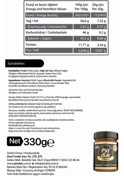 %50 Fındıklı Premium Kakaolu Fındık Kreması - 330 gr Glutensiz, Palm Yağı İçermez, Katkı Maddesi ve Koruyucu İçermez