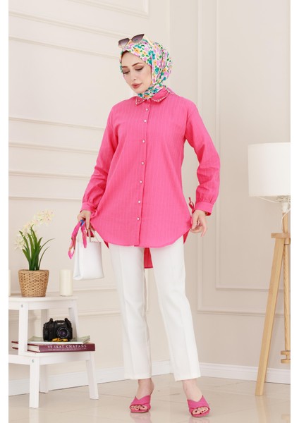Taş Detaylı Hilal Tunik-Fuşya