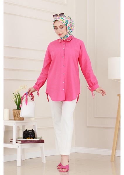 Taş Detaylı Hilal Tunik-Fuşya