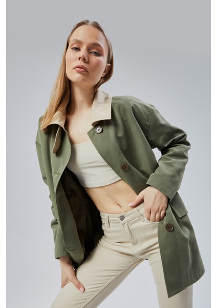 Haki Oversize Casual Midi Trençkot