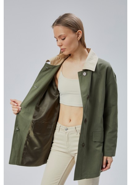 Haki Oversize Casual Midi Trençkot