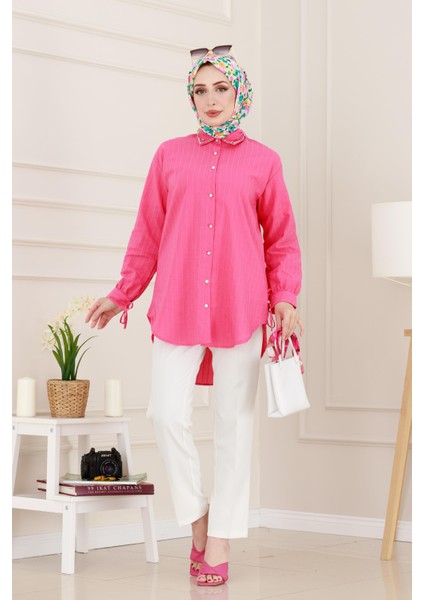 Taş Detaylı Hilal Tunik-Fuşya