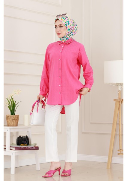 Taş Detaylı Hilal Tunik-Fuşya