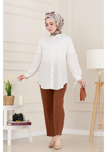 Taş Detaylı Hilal Tunik-Beyaz