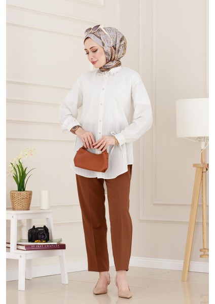 Taş Detaylı Hilal Tunik-Beyaz
