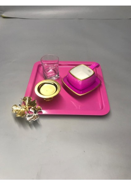 Lüx Kelebek Aksesuarlı Paslanmaz Çelik Kare 6’lı Pembe Kahve, Çay, Dekoratif Sunum Servis Tepsisi modelleri