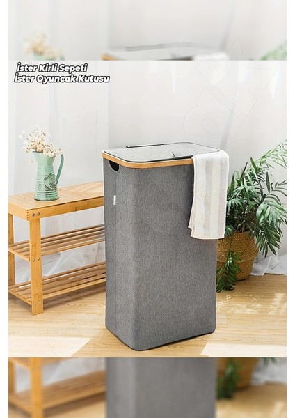 70 Lt Tek Bölmeli Bambu Kumaş Kirli Çamaşır Sepeti Joseph Model - Kapaklı - Yıkanabilir File Torba fırsatları