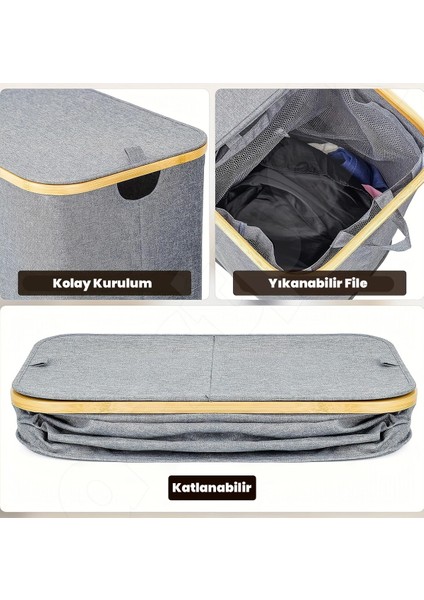 70 Lt Tek Bölmeli Bambu Kumaş Kirli Çamaşır Sepeti Joseph Model - Kapaklı - Yıkanabilir File Torba indirimleri