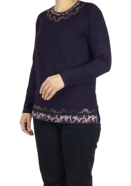 Kadın Yaka ve Etek Desenli Taşlı Likralı Bluz