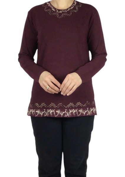 Kadın Yaka ve Etek Desenli Taşlı Likralı Bluz fiyatları