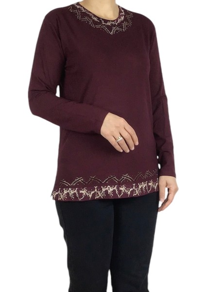 Kadın Yaka ve Etek Desenli Taşlı Likralı Bluz modelleri