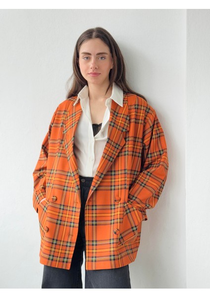 90'lar Retro Model Açık Kiremit Ekoseli Oversize Tasarım Ekose Ceket Kadın Açık Kiremit