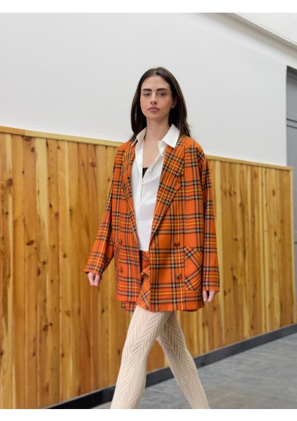 90'lar Retro Model Açık Kiremit Ekoseli Oversize Tasarım Ekose Ceket Kadın Açık Kiremit fiyatları