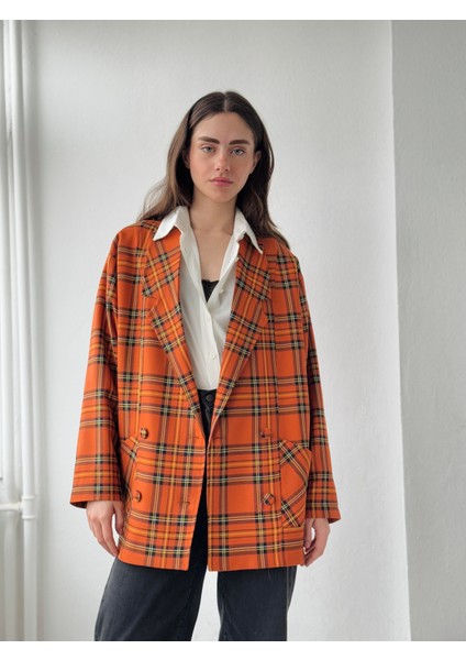 90'lar Retro Model Açık Kiremit Ekoseli Oversize Tasarım Ekose Ceket Kadın Açık Kiremit modelleri