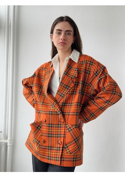 90'lar Retro Model Açık Kiremit Ekoseli Oversize Tasarım Ekose Ceket Kadın Açık Kiremit fırsatları