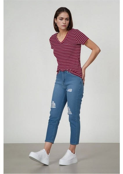 Kadın V Yaka Çizgili Yumuşak Dokulu Viskon T-Shirt fiyatları