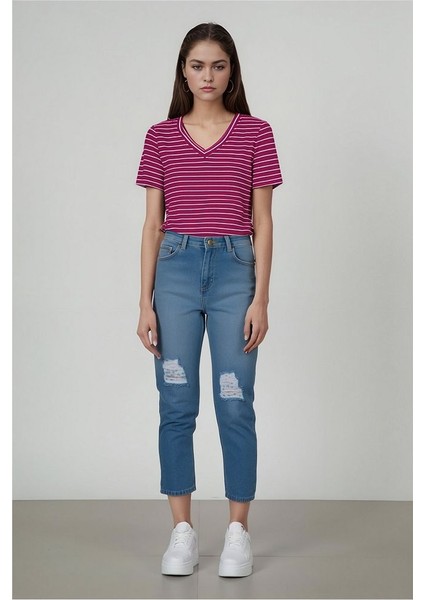 Kadın V Yaka Çizgili Yumuşak Dokulu Viskon T-Shirt modelleri