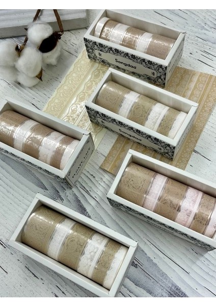 Floaty Lace Dantel Temalı Krem ve Beyaz Tonları 6’lı Washi Bant Set /su Geçirmez/bullet Journal
