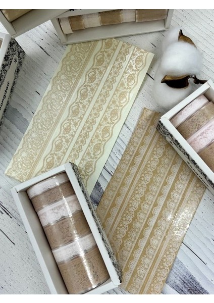 Floaty Lace Dantel Temalı Krem ve Beyaz Tonları 6’lı Washi Bant Set /su Geçirmez/bullet Journal modelleri