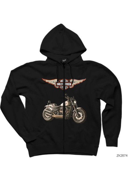 Harley Davidson Fat Bob Siyah Fermuarlı Kapşonlu Sweatshirt