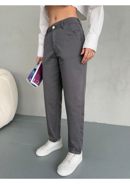 Yüksek Bel Likralı Esnek Mom Pantolon