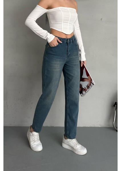 Kadın Esnek/likralı Yüksek Bel Mom Jean