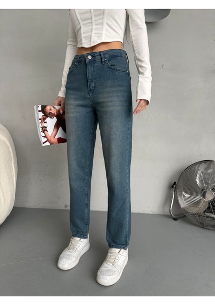 Kadın Esnek/likralı Yüksek Bel Mom Jean fırsatları