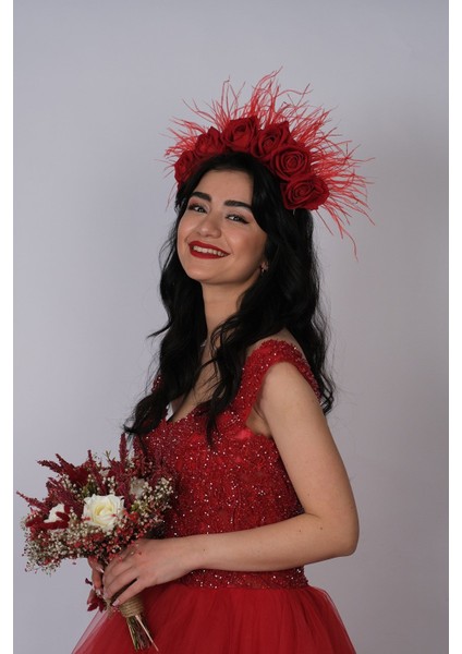 Kadife Güllü Tüylü Tasarım Gelin Kına Tacı fırsatları